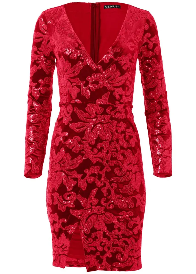 SEQUIN VELVET DETAIL DRESS Red Women VENUS Midi Dresses