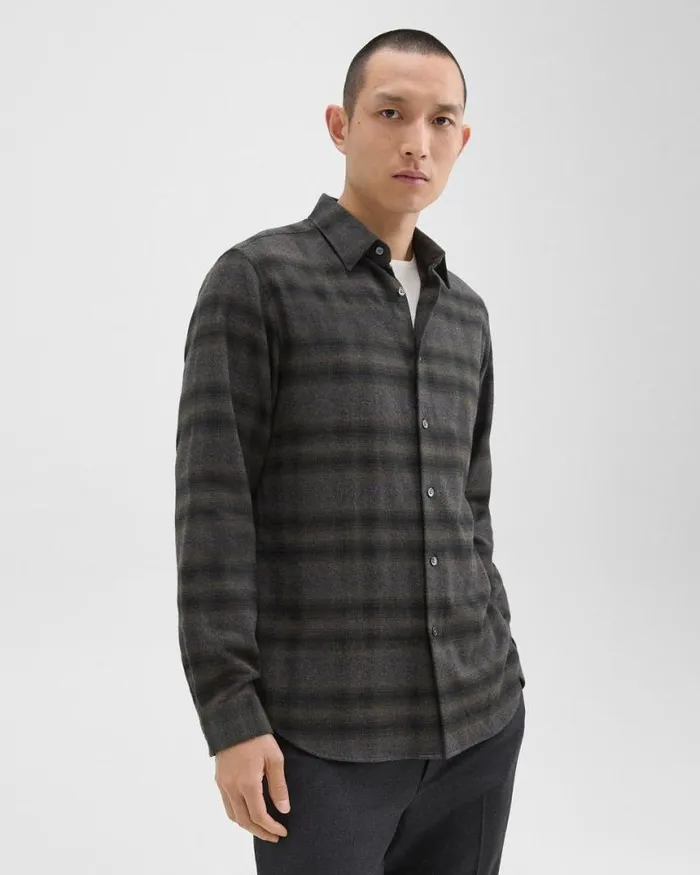 Shirts Men Theory Irving Shirt In Plaid Cotton Flannel Hunter Green Melange