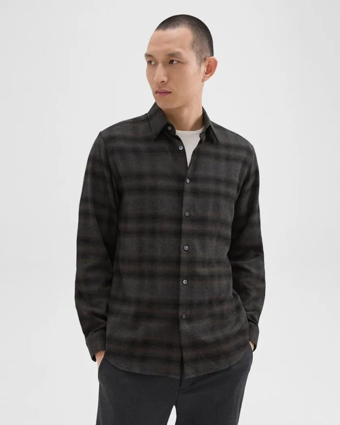 Shirts Men Theory Irving Shirt In Plaid Cotton Flannel Hunter Green Melange Shirts Men Theory Irving Shirt In Plaid Cotton Flannel Hunter Green Melange