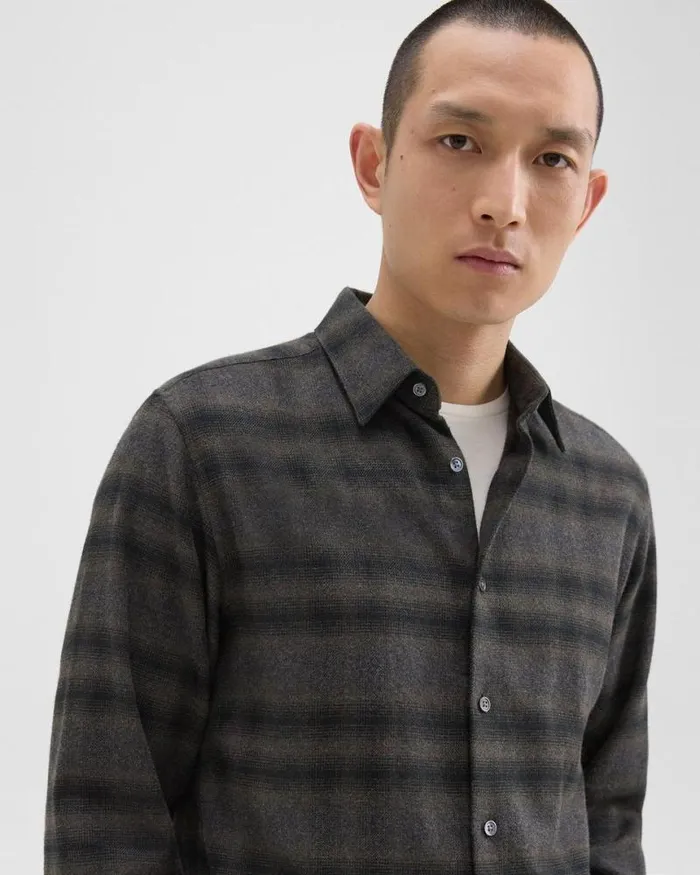 Shirts Men Theory Irving Shirt In Plaid Cotton Flannel Hunter Green Melange Shirts Men Theory Irving Shirt In Plaid Cotton Flannel Hunter Green Melange