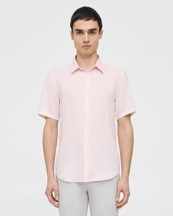 Shirts Men Theory Irving ShortSleeve Shirt In Relaxed Linen Cradle Pink