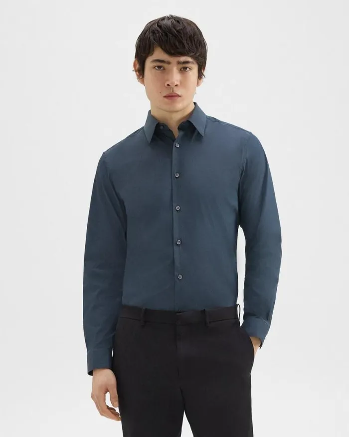 Shirts Men Theory Sylvain Shirt In Good Cotton Deep Sea Blue