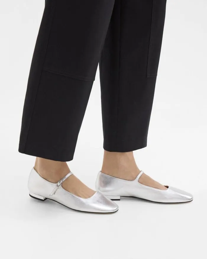 Shoes Women Theory Mary Jane Ballerina Flat In Metallic Leather Silver