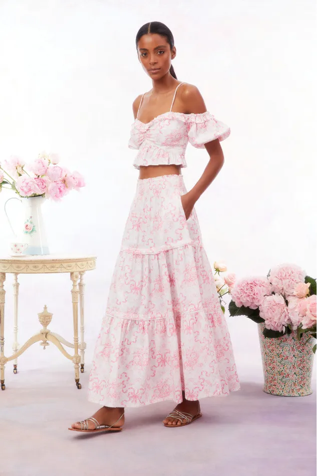 Skirts WomenKids LoveShackFancy Evera Bow Print Cotton Maxi Skirt Bubblegum Blast