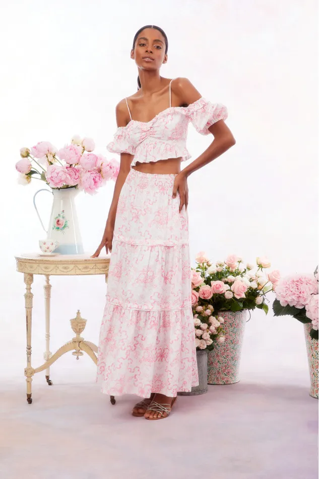 Skirts WomenKids LoveShackFancy Evera Bow Print Cotton Maxi Skirt Bubblegum Blast