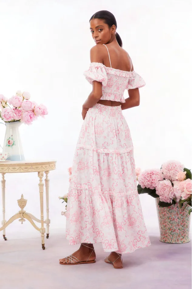 Skirts WomenKids LoveShackFancy Evera Bow Print Cotton Maxi Skirt Bubblegum Blast