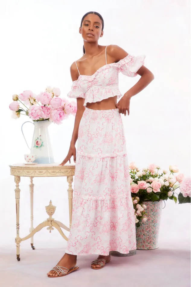 Skirts WomenKids LoveShackFancy Evera Bow Print Cotton Maxi Skirt Bubblegum Blast