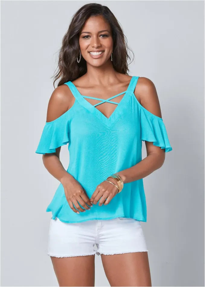 STRAPPY DETAIL VNECK TOP Turquoise Women VENUS Casual Tops