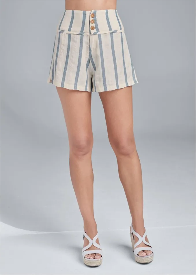 Striped ButtonFront Shorts Cream and Blue Women VENUS Shorts