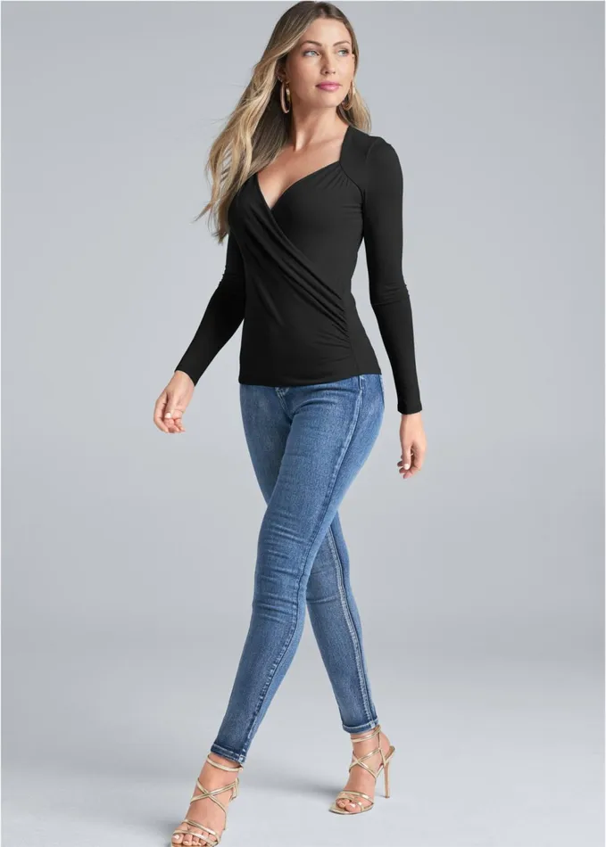 SURPLICE NECK TOP Black Women VENUS Casual Tops