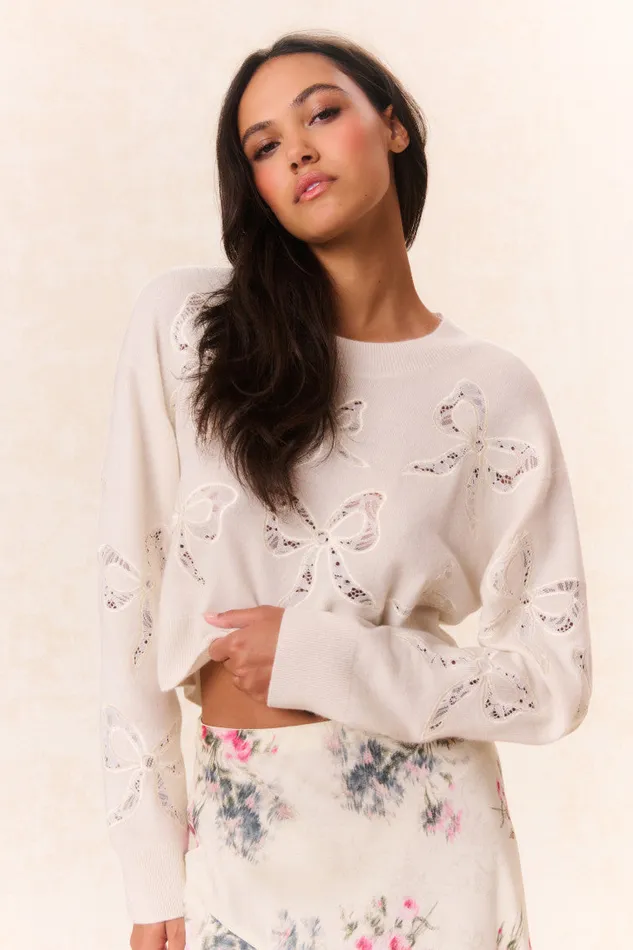 Sweaters Women LoveShackFancy Parson Bow Print Pullover Marshmallow Bliss