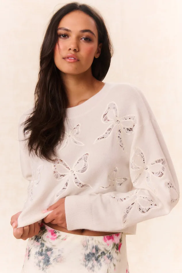 Sweaters Women LoveShackFancy Parson Bow Print Pullover Marshmallow Bliss