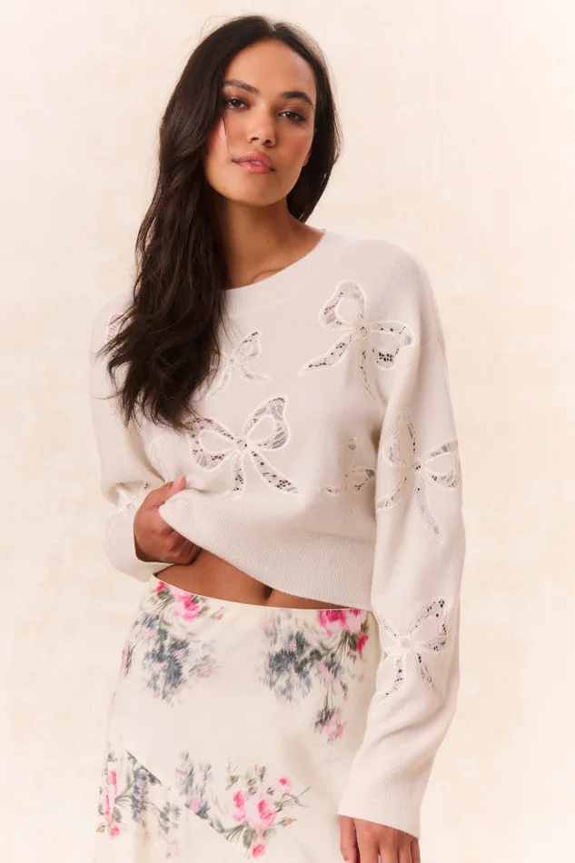 Sweaters Women LoveShackFancy Parson Bow Print Pullover Marshmallow Bliss
