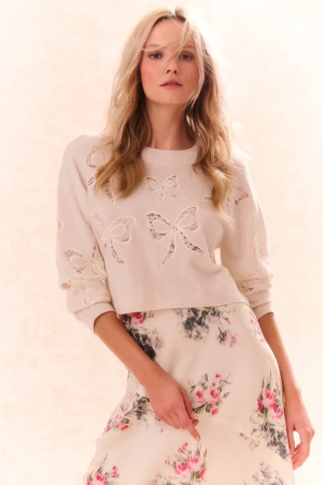 Sweaters Women LoveShackFancy Parson Bow Print Pullover Marshmallow Bliss