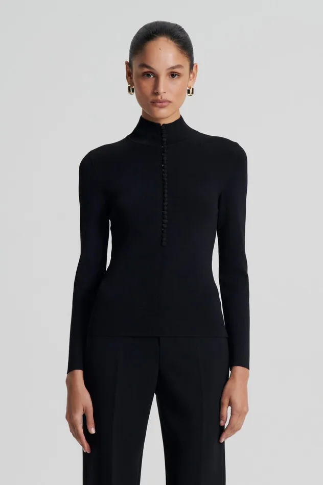 Sweaters Women Scanlan Theodore CREPE KNIT BUTTON POLO SWEATER Black Sweaters Women Scanlan Theodore CREPE KNIT BUTTON POLO SWEATER Black