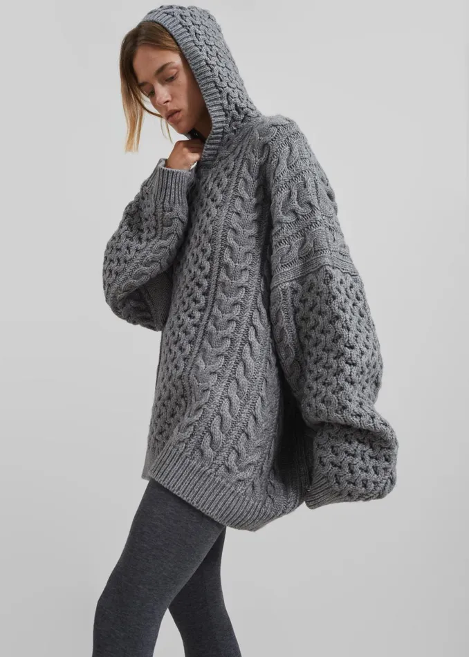 The Frankie Shop Knitwear Adare Braided Knit Hoodie 8211 Grey 8211 Women