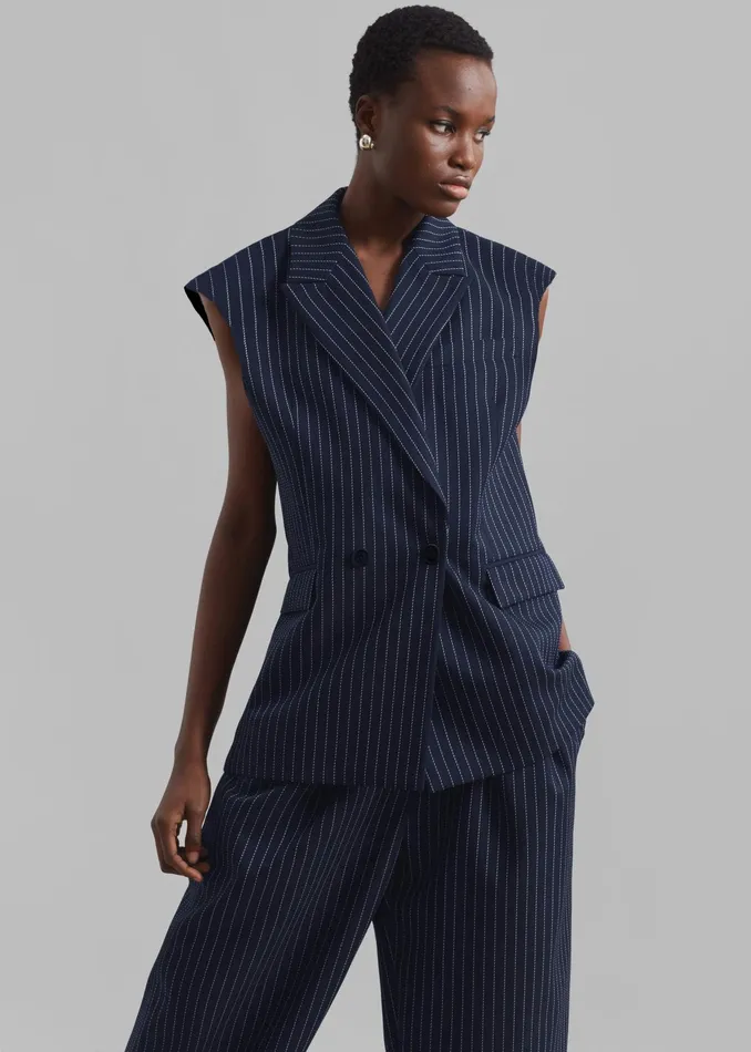 The Frankie Shop Outerwear Shane Twill Double Breasted Vest 8211 NavyWhite Pinstripe 8211 Women The Frankie Shop Outerwear Shane Twill Double Breasted Vest 8211 NavyWhite Pinstripe 8211 Women