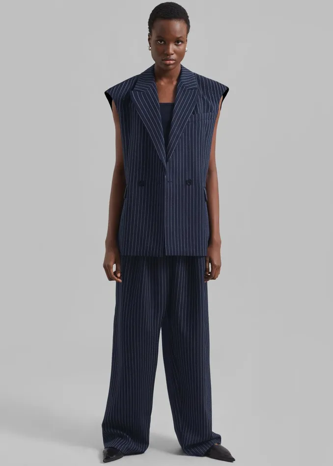 The Frankie Shop Outerwear Shane Twill Double Breasted Vest 8211 NavyWhite Pinstripe 8211 Women