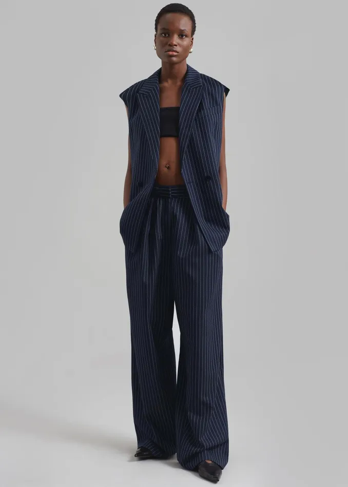 The Frankie Shop Outerwear Shane Twill Double Breasted Vest 8211 NavyWhite Pinstripe 8211 Women