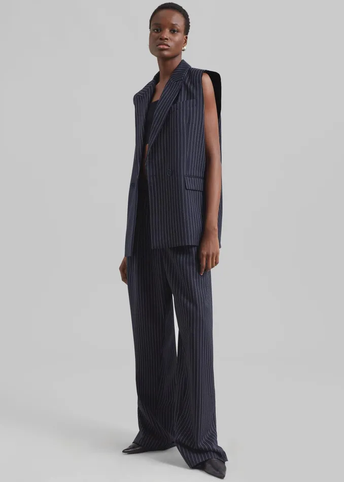 The Frankie Shop Outerwear Shane Twill Double Breasted Vest 8211 NavyWhite Pinstripe 8211 Women
