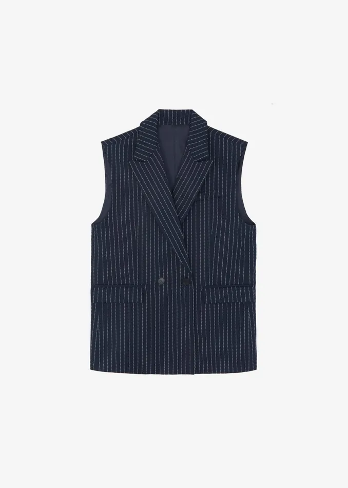 The Frankie Shop Outerwear Shane Twill Double Breasted Vest 8211 NavyWhite Pinstripe 8211 Women