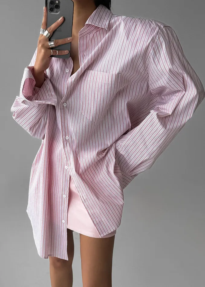 The Frankie Shop Tops Cyrus Button Up Shirt 8211 PinkWhite Stripe 8211 Women