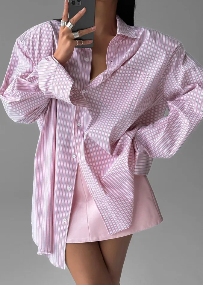 The Frankie Shop Tops Cyrus Button Up Shirt 8211 PinkWhite Stripe 8211 Women