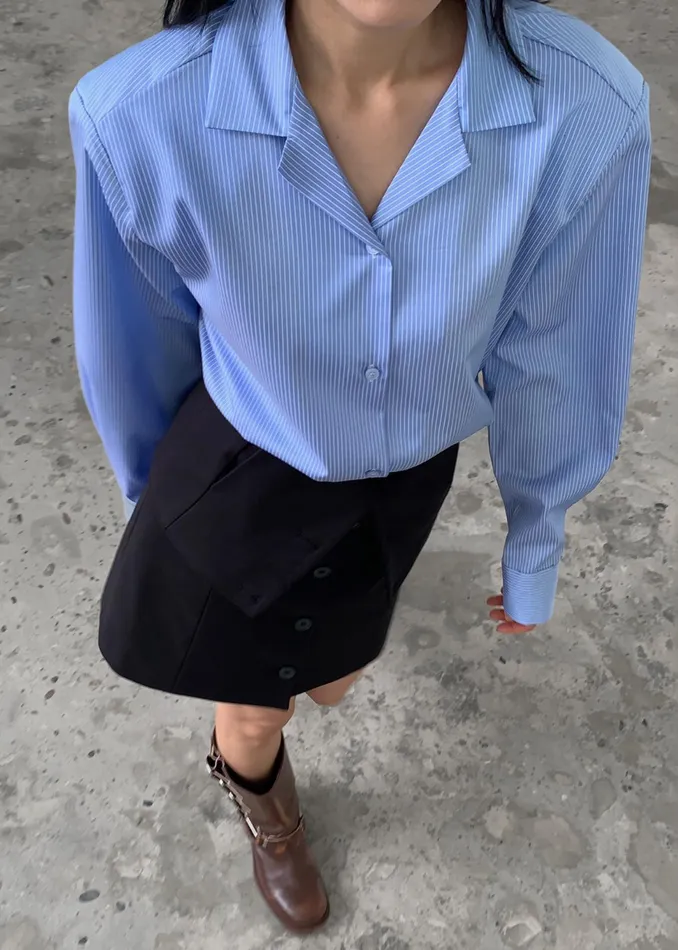 The Frankie Shop Tops Noah Padded Button Up Shirt 8211 Blue Pinstripe 8211 Women