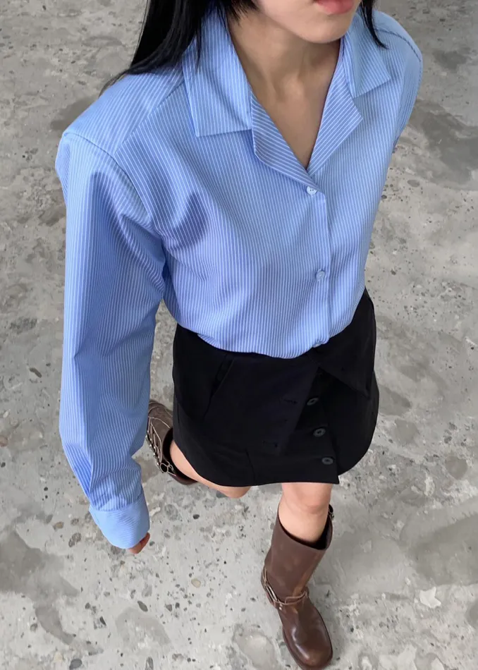 The Frankie Shop Tops Noah Padded Button Up Shirt 8211 Blue Pinstripe 8211 Women