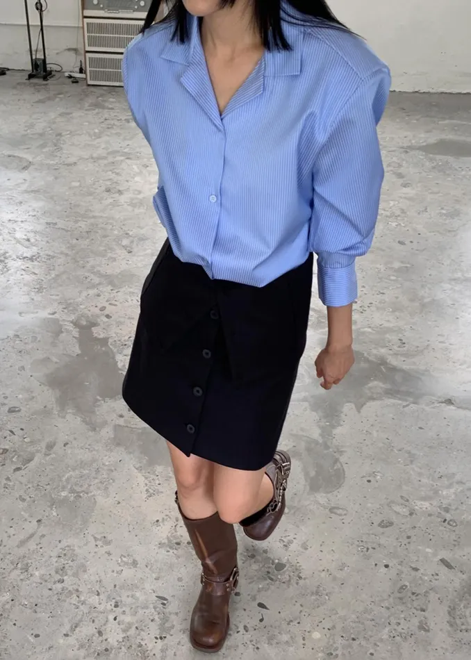 The Frankie Shop Tops Noah Padded Button Up Shirt 8211 Blue Pinstripe 8211 Women