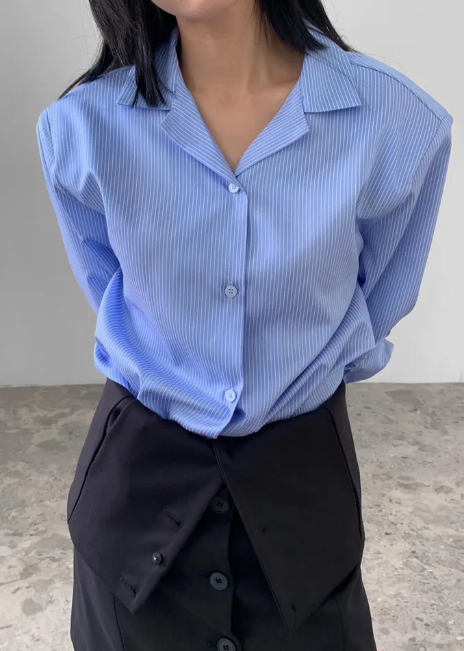 The Frankie Shop Tops Noah Padded Button Up Shirt 8211 Blue Pinstripe 8211 Women