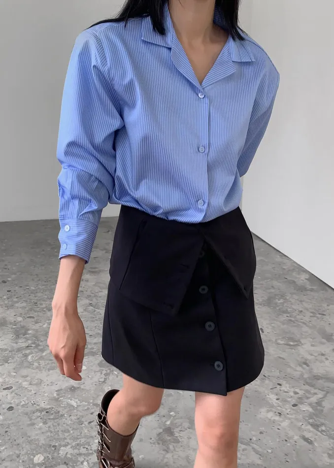 The Frankie Shop Tops Noah Padded Button Up Shirt 8211 Blue Pinstripe 8211 Women