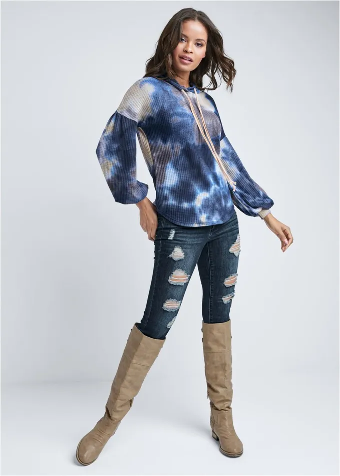 TIE DYE WAFFLE KNIT TOP Blue Multi Women VENUS Sweatshirts and Hoodies