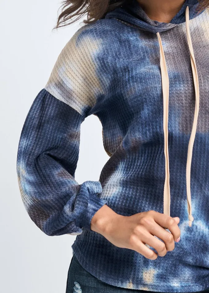 TIE DYE WAFFLE KNIT TOP Blue Multi Women VENUS Sweatshirts and Hoodies