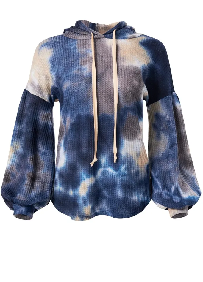 TIE DYE WAFFLE KNIT TOP Blue Multi Women VENUS Sweatshirts and Hoodies