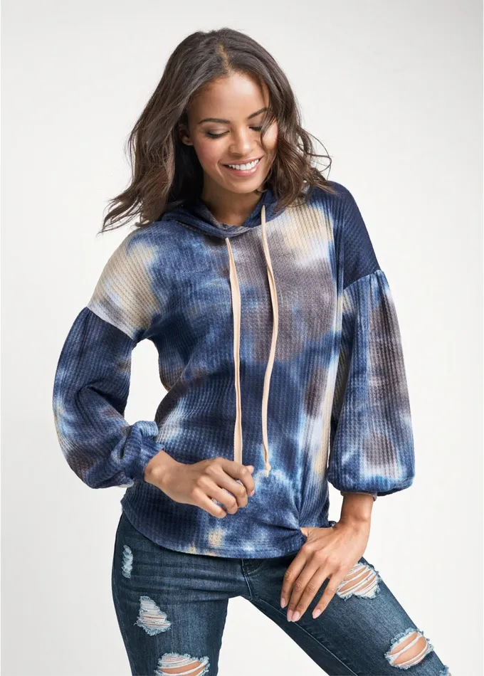 TIE DYE WAFFLE KNIT TOP Blue Multi Women VENUS Sweatshirts and Hoodies
