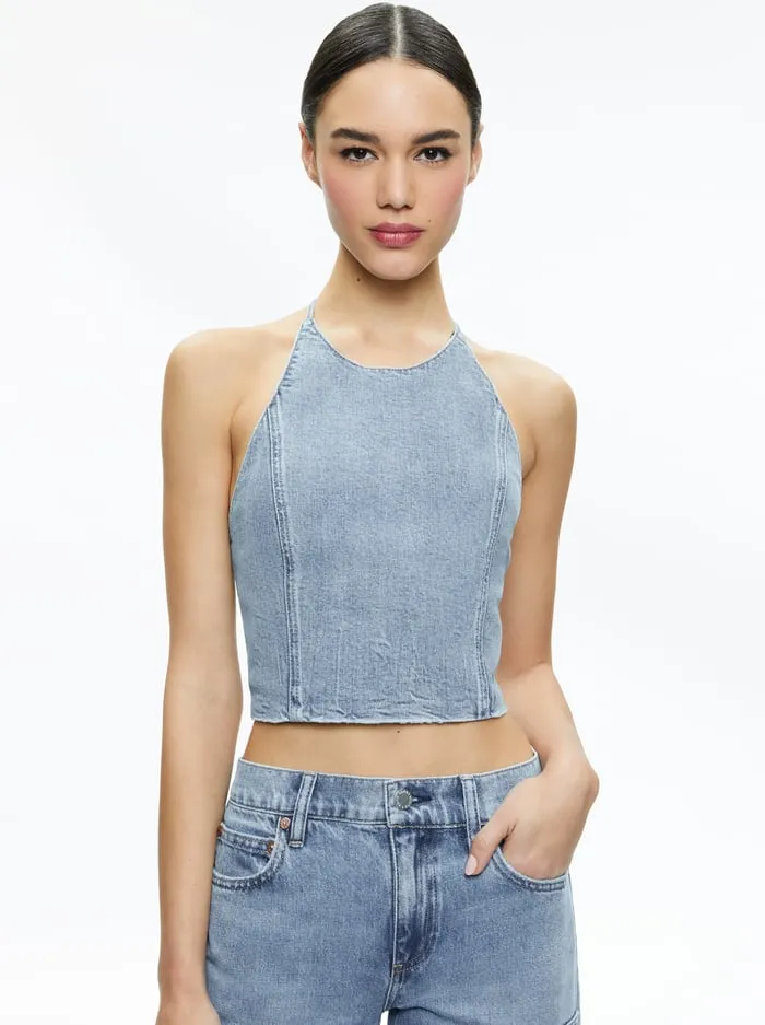 Tops Women Alice Olivia Jaymee Tie Neck Cropped Halter Top Georgia Vintage Blue Tops Women Alice Olivia Jaymee Tie Neck Cropped Halter Top Georgia Vintage Blue