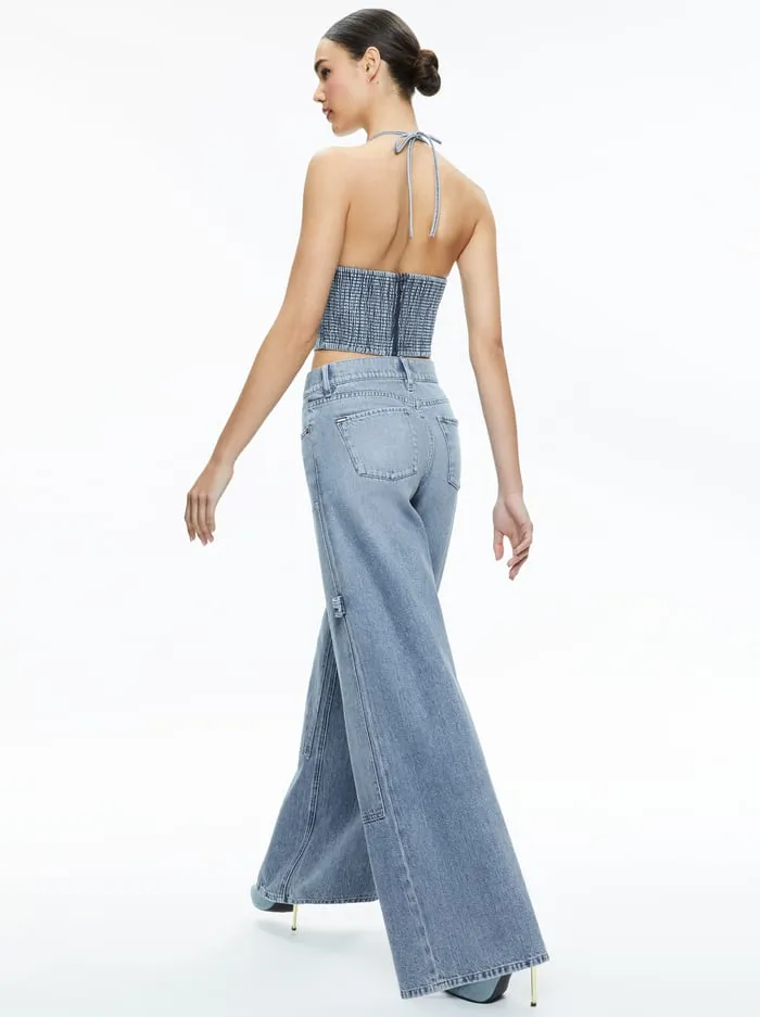 Tops Women Alice Olivia Jaymee Tie Neck Cropped Halter Top Georgia Vintage Blue