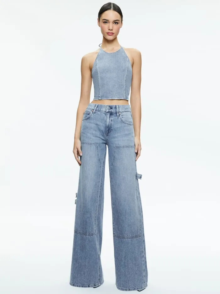 Tops Women Alice Olivia Jaymee Tie Neck Cropped Halter Top Georgia Vintage Blue