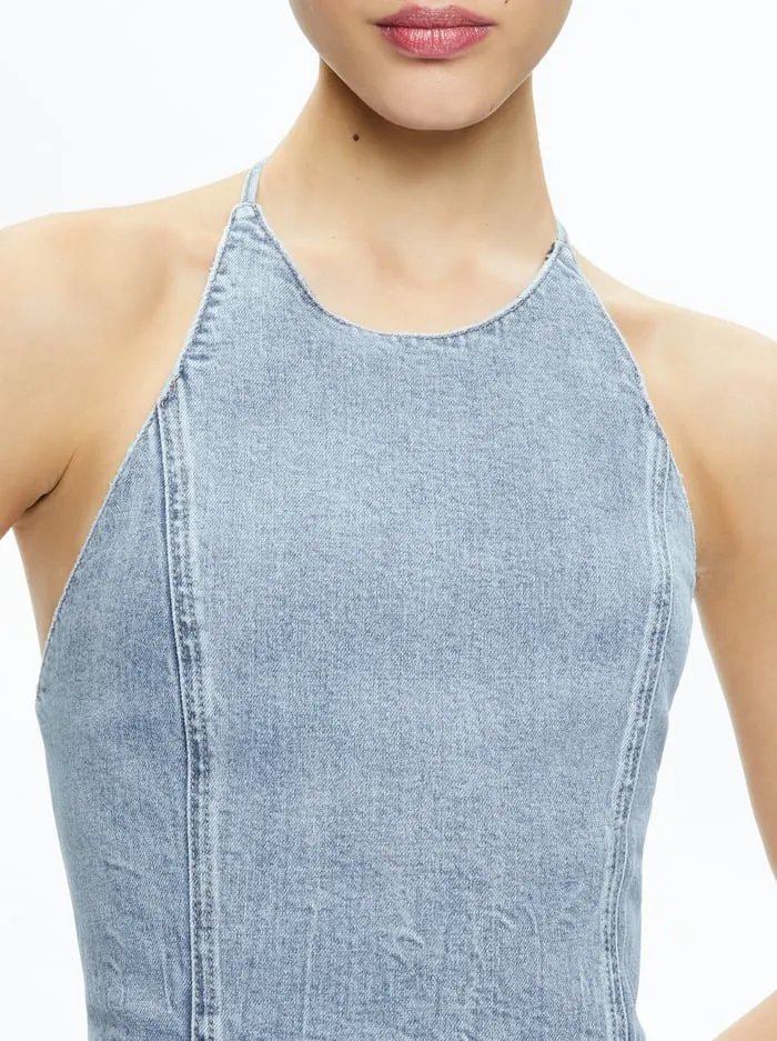 Tops Women Alice Olivia Jaymee Tie Neck Cropped Halter Top Georgia Vintage Blue