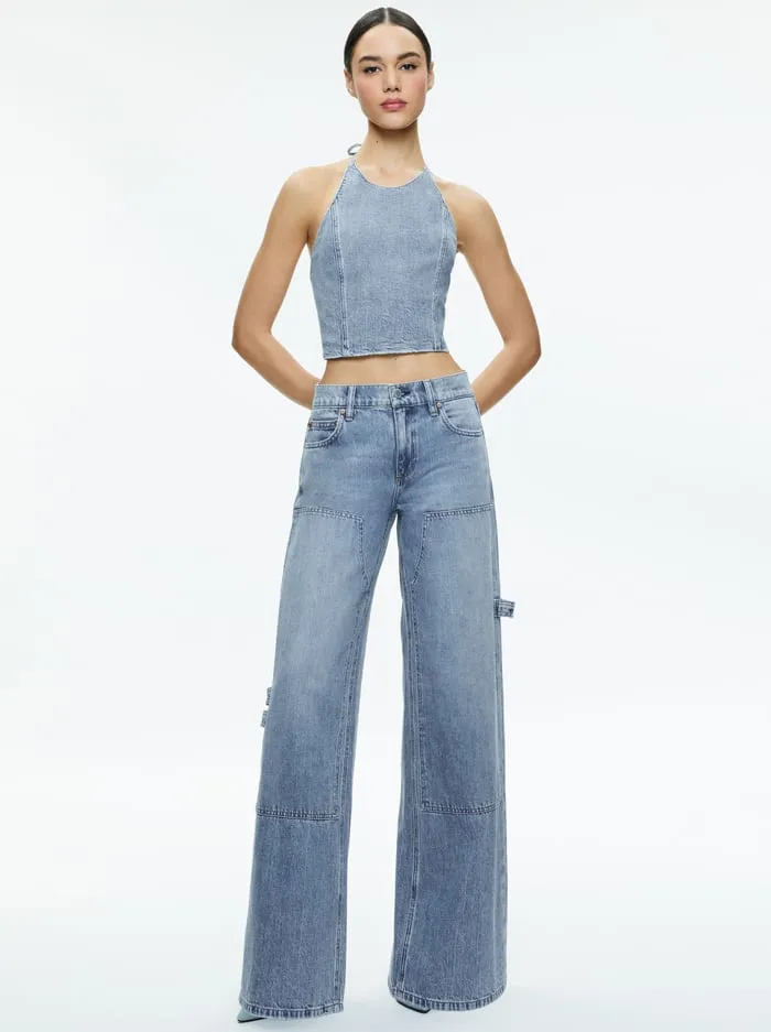Tops Women Alice Olivia Jaymee Tie Neck Cropped Halter Top Georgia Vintage Blue