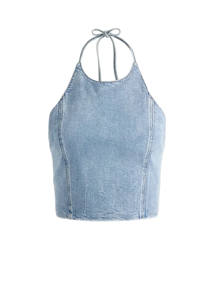 Tops Women Alice Olivia Jaymee Tie Neck Cropped Halter Top Georgia Vintage Blue