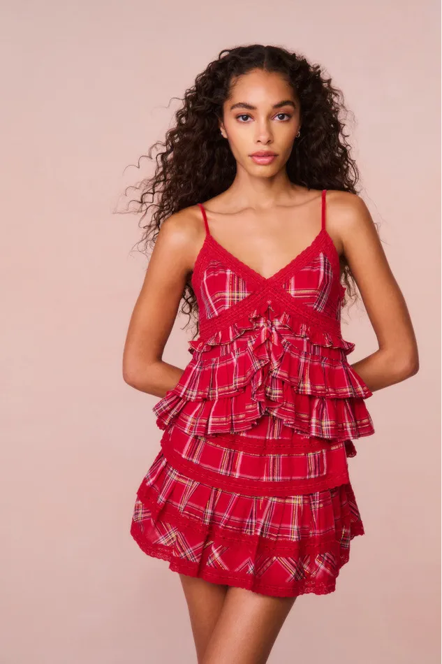 Tops WomenKids LoveShackFancy Abbott Tartan Ruffle Top Cheery Red