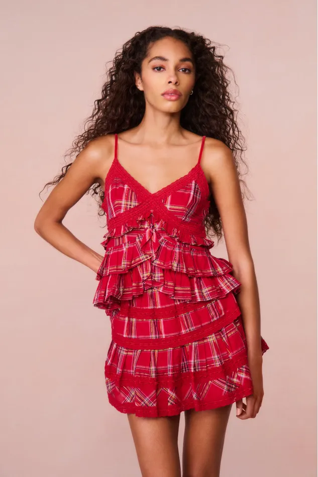 Tops WomenKids LoveShackFancy Abbott Tartan Ruffle Top Cheery Red