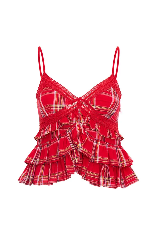 Tops WomenKids LoveShackFancy Abbott Tartan Ruffle Top Cheery Red
