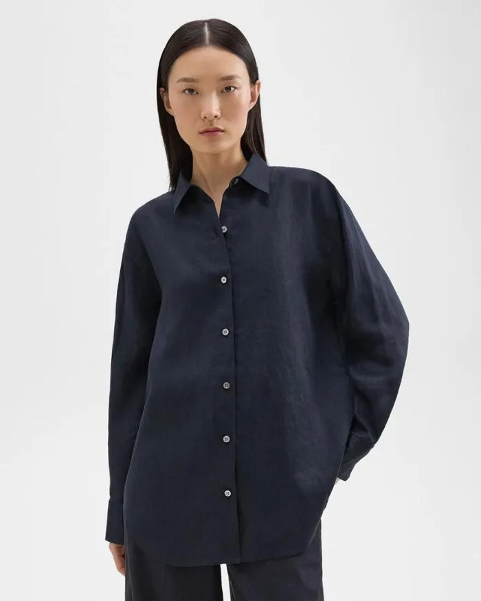 Tops Women Theory Boyfriend Shirt In Relaxed Linen Concord