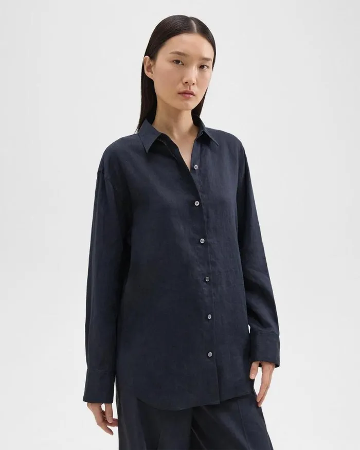 Tops Women Theory Boyfriend Shirt In Relaxed Linen Concord