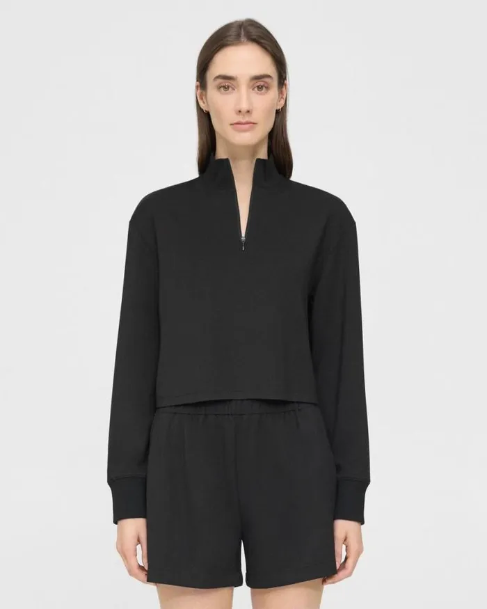 Tops Women Theory Cropped HalfZip Sweatshirt In DoubleKnit Jersey Black