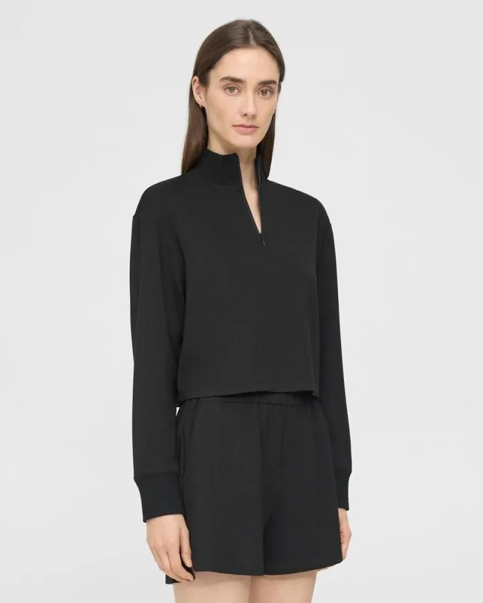 Tops Women Theory Cropped HalfZip Sweatshirt In DoubleKnit Jersey Black Tops Women Theory Cropped HalfZip Sweatshirt In DoubleKnit Jersey Black