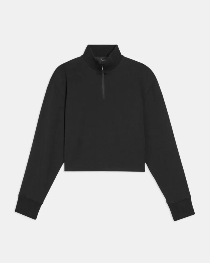 Tops Women Theory Cropped HalfZip Sweatshirt In DoubleKnit Jersey Black Tops Women Theory Cropped HalfZip Sweatshirt In DoubleKnit Jersey Black